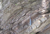 ソーセージ状に変形した地層(ブーディン) ソーセージ状に変形した地層(ブーディン)